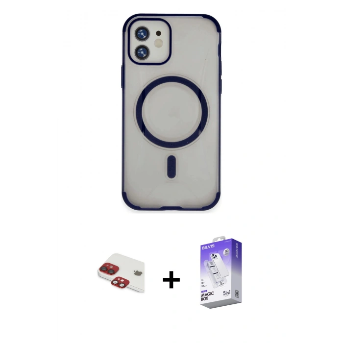 MARSİLYAN™- iPhone 11 Kılıf Eksen Klasik Koleksiyonu - Siyah Bilvis 5in1 3D Magic Cam Ekran Koruyucu + Kırmızı Pers Alüminyum Kamera Lens