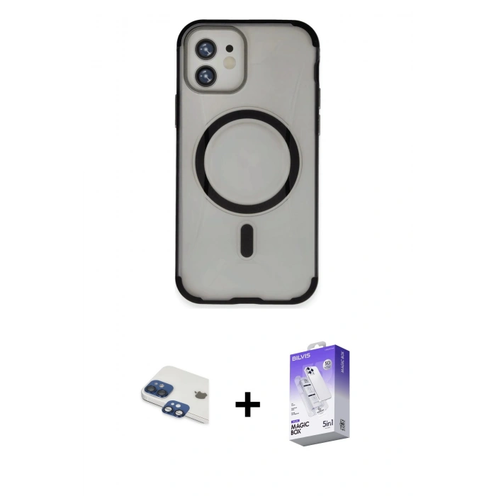 MARSİLYAN™- iPhone 11 Kılıf Eksen Klasik Koleksiyonu - Siyah Bilvis 5in1 3D Magic Cam Ekran Koruyucu + Pers Alüminyum Kamera Lens - LT