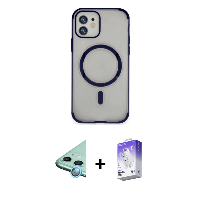 MARSİLYAN™- iPhone 11 Kılıf Eksen Klasik Koleksiyonu - Siyah Bilvis 5in1 3D Magic Cam Ekran Koruyucu + Raze Metal Kamera Lens - MI