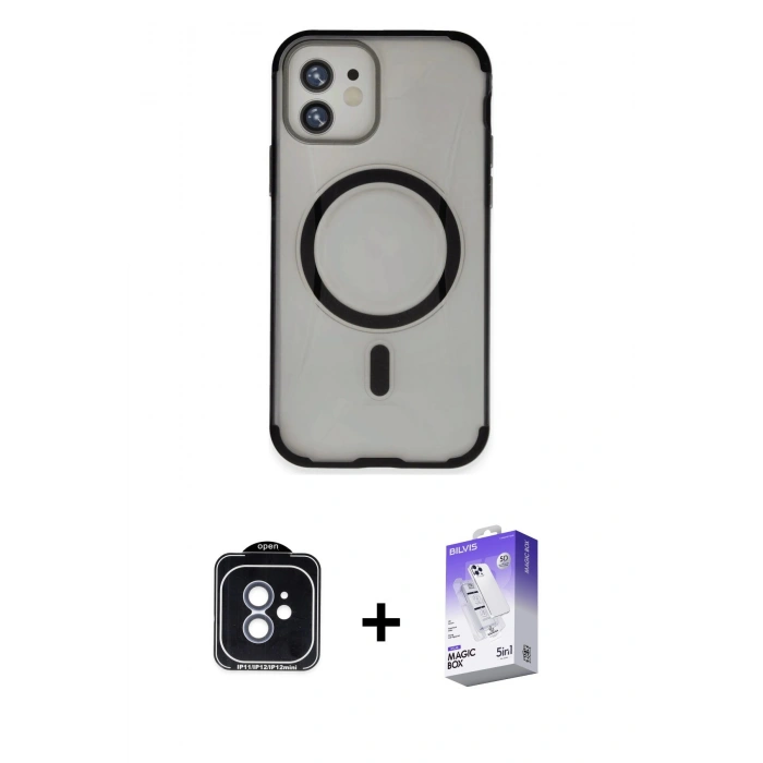 MARSİLYAN™- iPhone 11 Kılıf Eksen Klasik Koleksiyonu - Siyah Bilvis 5in1 3D Magic Cam Ekran Koruyucu + PVD Metal Kamera Lens - MI