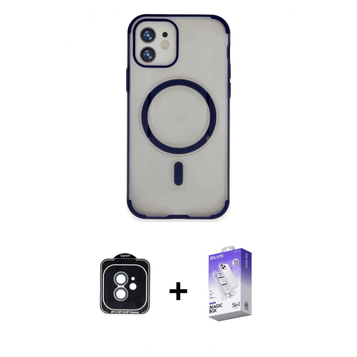 MARSİLYAN™- iPhone 11 Kılıf Eksen Klasik Koleksiyonu - Siyah Bilvis 5in1 3D Magic Cam Ekran Koruyucu + PVD Metal Kamera Lens - MI