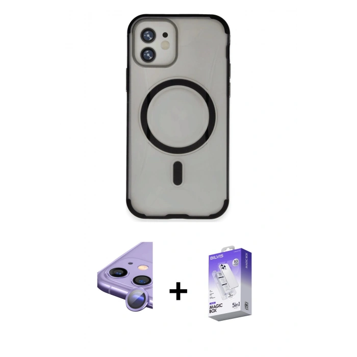 MARSİLYAN™- iPhone 11 Kılıf Eksen Klasik Koleksiyonu - Siyah Bilvis 5in1 3D Magic Cam Ekran Koruyucu + Raze Metal Kamera Lens - MR