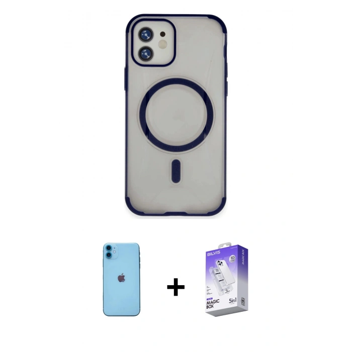 MARSİLYAN™- iPhone 11 Kılıf Eksen Klasik Koleksiyonu - Siyah Bilvis 5in1 3D Magic Cam Ekran Koruyucu + Neon Fosforlu Kamera Lens - MI