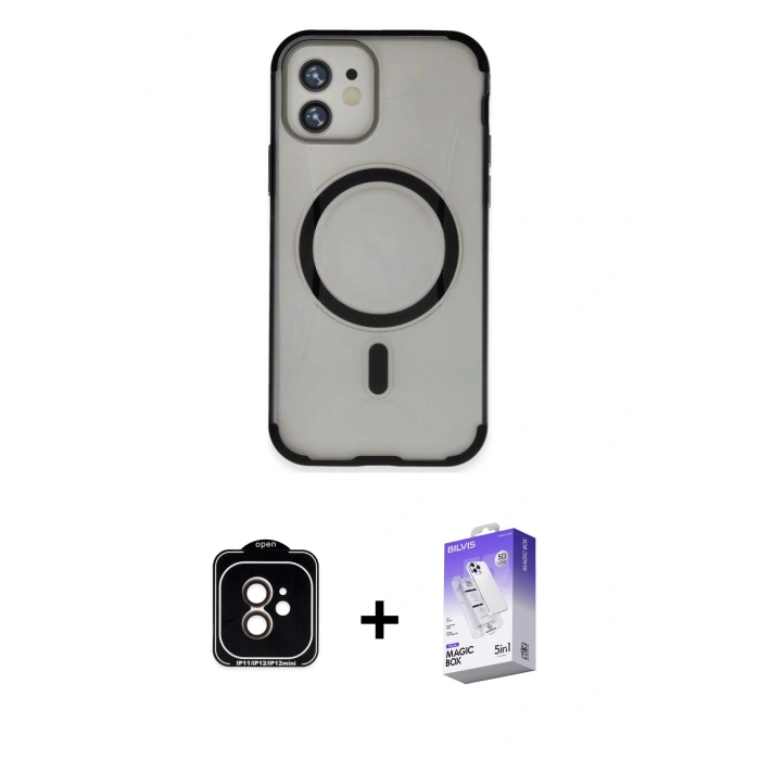 MARSİLYAN™- iPhone 11 Kılıf Eksen Klasik Koleksiyonu - Siyah Bilvis 5in1 3D Magic Cam Ekran Koruyucu + PVD Metal Kamera Lens - TU