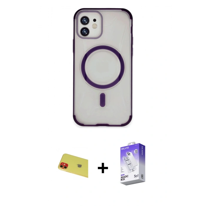 MARSİLYAN™- iPhone 11 Kılıf Eksen Klasik Koleksiyonu - Siyah Bilvis 5in1 3D Magic Cam Ekran Koruyucu + Rainbow Kamera Lens Koruma Cam - KI
