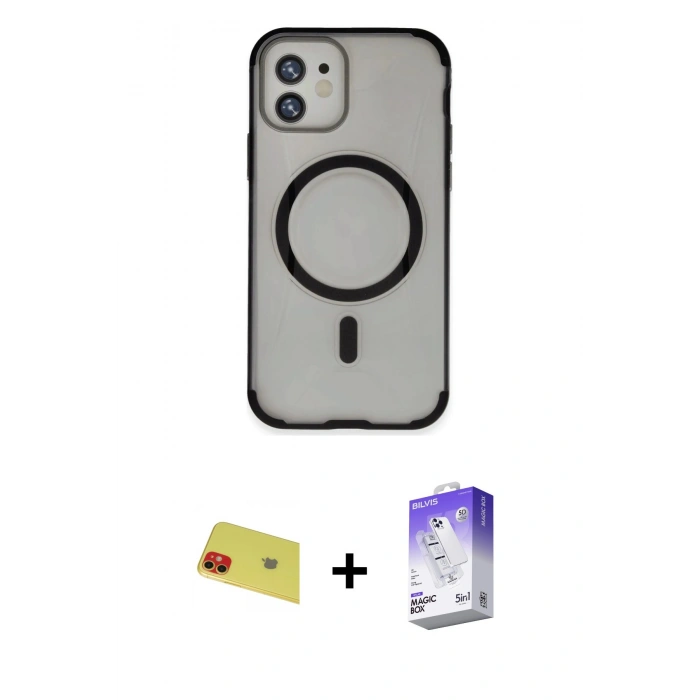 MARSİLYAN™- iPhone 11 Kılıf Eksen Klasik Koleksiyonu - Siyah Bilvis 5in1 3D Magic Cam Ekran Koruyucu + Rainbow Kamera Lens Koruma Cam - KI