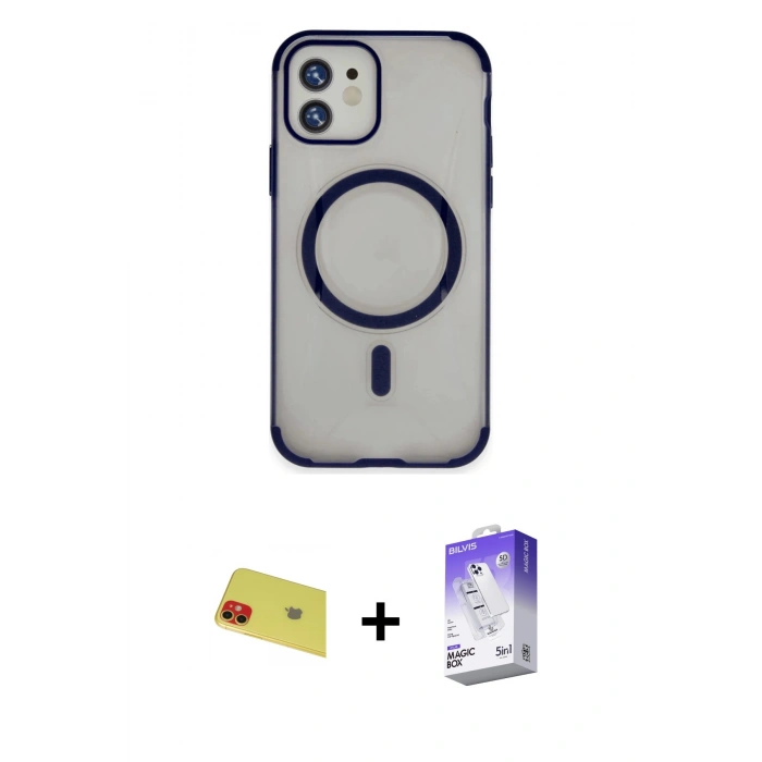 MARSİLYAN™- iPhone 11 Kılıf Eksen Klasik Koleksiyonu - Siyah Bilvis 5in1 3D Magic Cam Ekran Koruyucu + Rainbow Kamera Lens Koruma Cam - KI