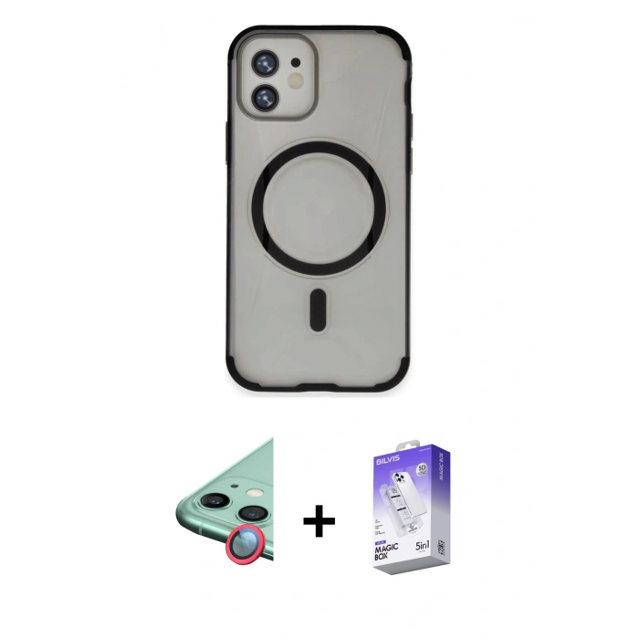 MARSİLYAN™- iPhone 11 Kılıf Eksen Klasik Koleksiyonu - Siyah Bilvis 5in1 3D Magic Cam Ekran Koruyucu + Raze Metal Kamera Lens - KI