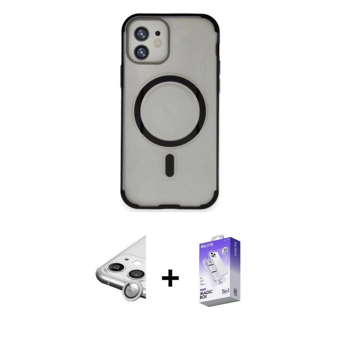 MARSİLYAN™- iPhone 11 Kılıf Eksen Klasik Koleksiyonu - Siyah Bilvis 5in1 3D Magic Cam Ekran Koruyucu + Raze Metal Kamera Lens - GS