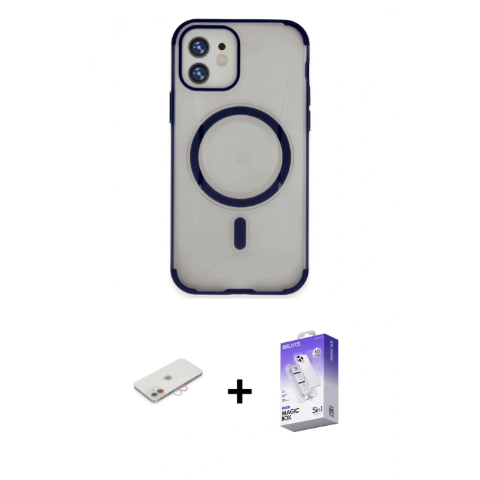 MARSİLYAN™- iPhone 11 Kılıf Eksen Klasik Koleksiyonu - Siyah Bilvis 5in1 3D Magic Cam Ekran Koruyucu + Renkli Kamera Lens Koruma Cam - PE