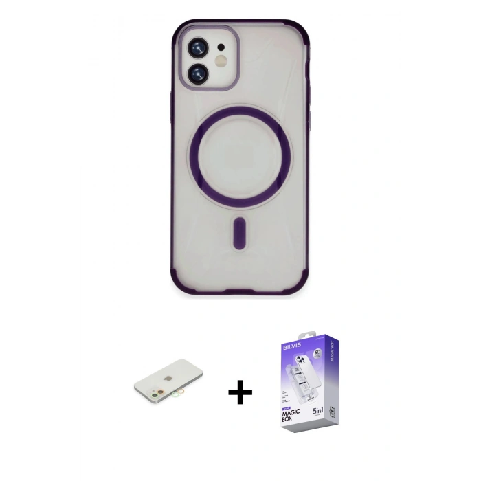 MARSİLYAN™- iPhone 11 Kılıf Eksen Klasik Koleksiyonu - Siyah Bilvis 5in1 3D Magic Cam Ekran Koruyucu + Renkli Kamera Lens Koruma Cam - TU