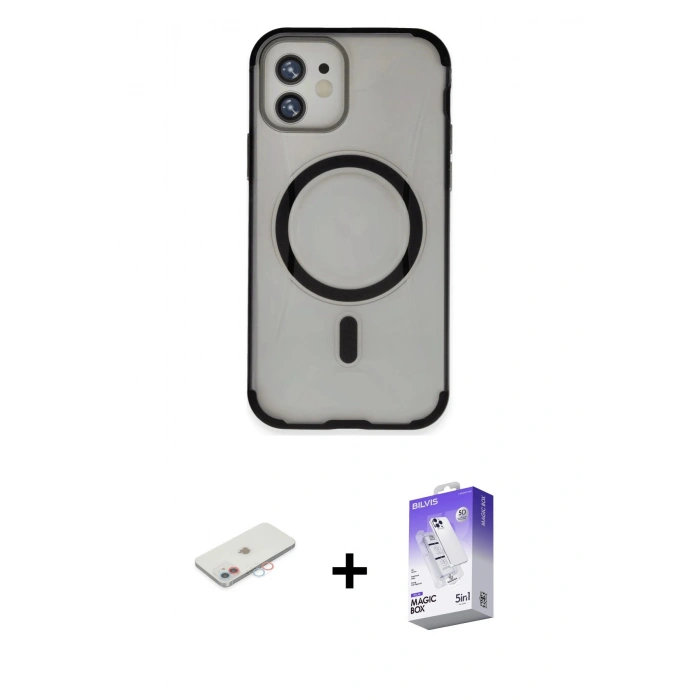 MARSİLYAN™- iPhone 11 Kılıf Eksen Klasik Koleksiyonu - Siyah Bilvis 5in1 3D Magic Cam Ekran Koruyucu + Renkli Kamera Lens Koruma Cam - PE