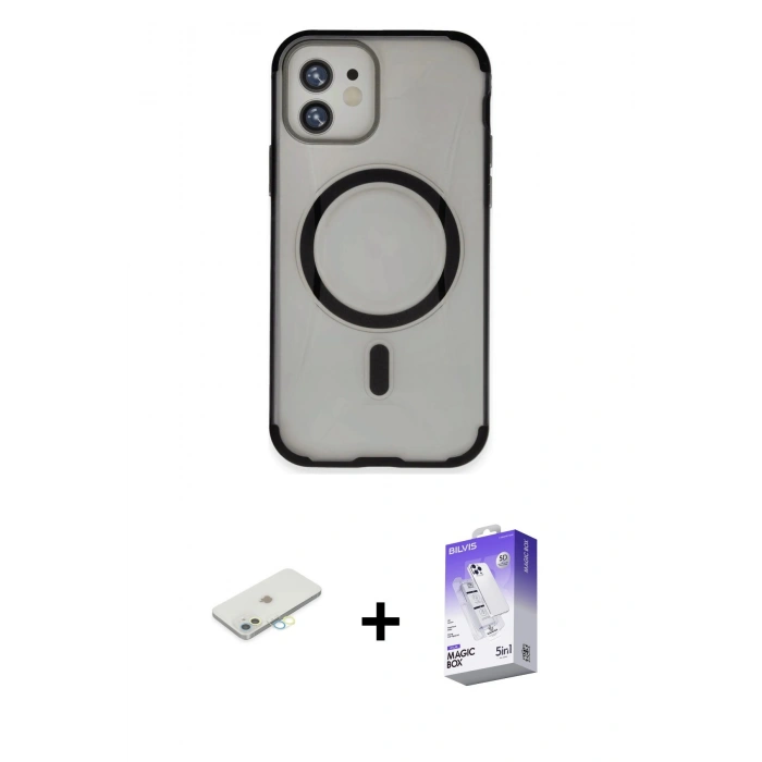 MARSİLYAN™- iPhone 11 Kılıf Eksen Klasik Koleksiyonu - Siyah Bilvis 5in1 3D Magic Cam Ekran Koruyucu + Renkli Kamera Lens Koruma Cam - SI