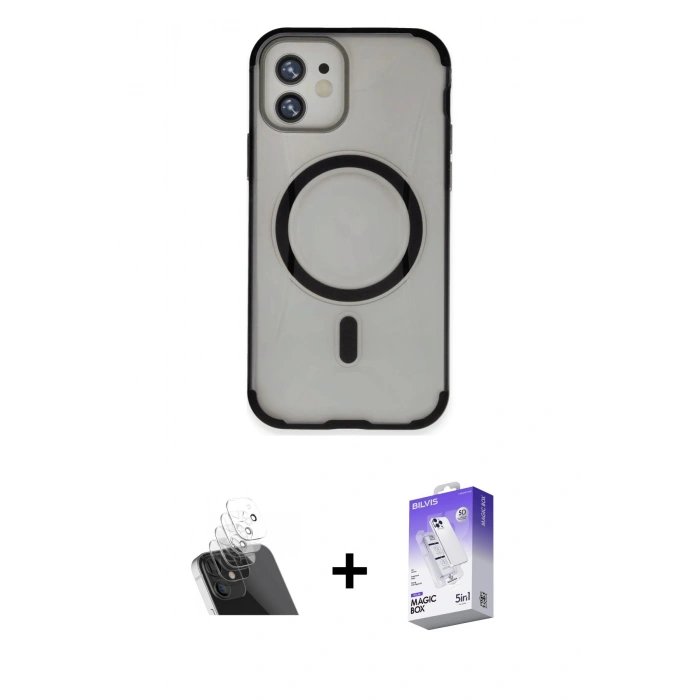 MARSİLYAN™- iPhone 11 Kılıf Eksen Klasik Koleksiyonu - Siyah Bilvis 5in1 3D Magic Cam Ekran Koruyucu + Kamera Lens Koruma Cam - SF