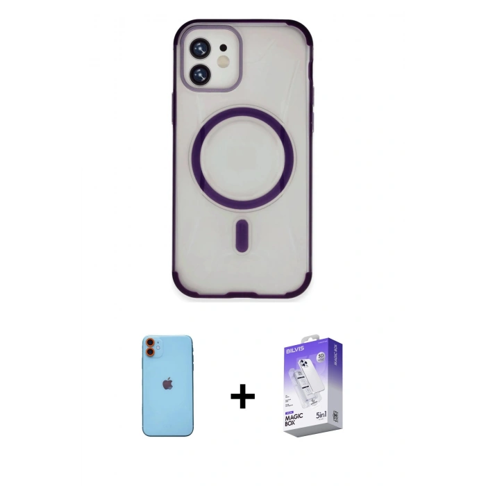MARSİLYAN™- iPhone 11 Kılıf Eksen Klasik Koleksiyonu - Siyah Bilvis 5in1 3D Magic Cam Ekran Koruyucu + Turuncu Neon Fosforlu Kamera Lens