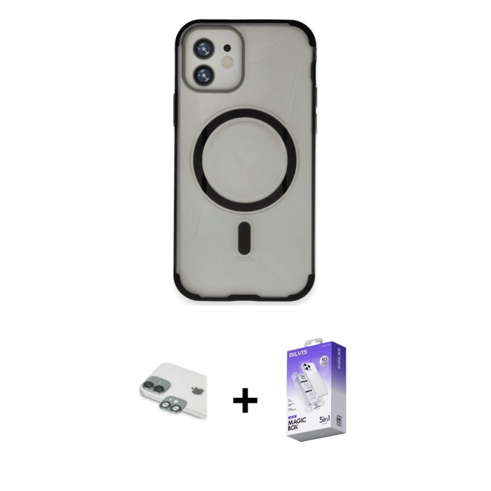 MARSİLYAN™- iPhone 11 Kılıf Eksen Klasik Koleksiyonu - Siyah Bilvis 5in1 3D Magic Cam Ekran Koruyucu + Pers Alüminyum Kamera Lens - YL