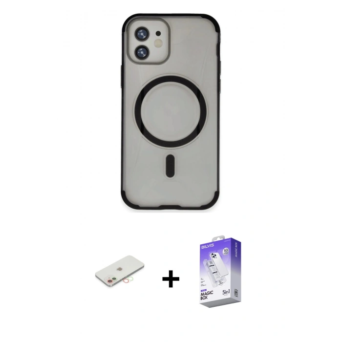 MARSİLYAN™- iPhone 11 Kılıf Eksen Klasik Koleksiyonu - Siyah Bilvis 5in1 3D Magic Cam Ekran Koruyucu + Yeşil Renkli Kamera Lens Koruma Cam