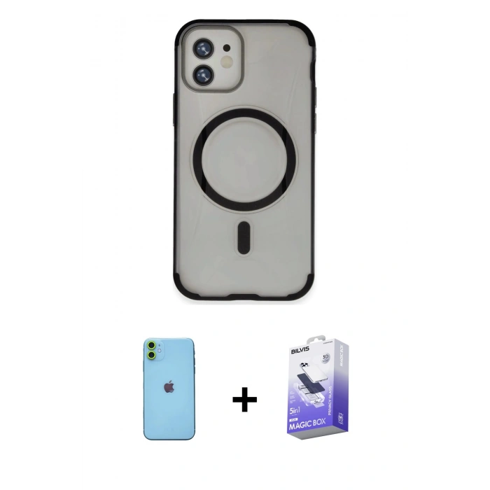MARSİLYAN™- iPhone 11 Kılıf Eksen Klasik Koleksiyonu - Siyah Bilvis 5in1 5D Magic Hayalet Cam Ekran Koruyucu + Neon Fosforlu Kamera Lens - YL