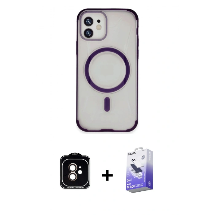 MARSİLYAN™- iPhone 11 Kılıf Eksen Klasik Koleksiyonu - Siyah Bilvis 5in1 5D Magic Hayalet Cam Ekran Koruyucu + Turuncu PVD Metal Kamera Lens