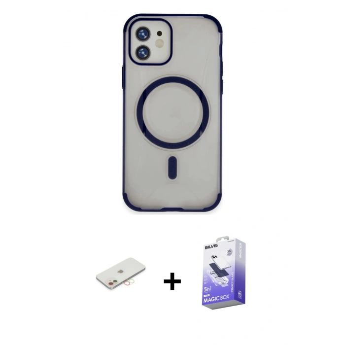 MARSİLYAN™- iPhone 11 Kılıf Eksen Klasik Koleksiyonu - Siyah Bilvis 5in1 5D Magic Hayalet Cam Ekran Koruyucu + Renkli Kamera Lens Koruma Cam - YL