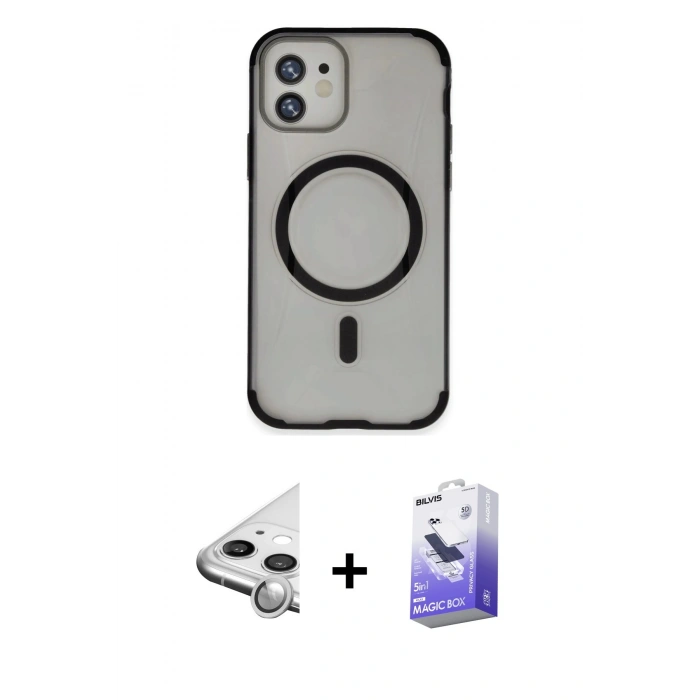 MARSİLYAN™- iPhone 11 Kılıf Eksen Klasik Koleksiyonu - Siyah Bilvis 5in1 5D Magic Hayalet Cam Ekran Koruyucu + Raze Metal Kamera Lens - GS