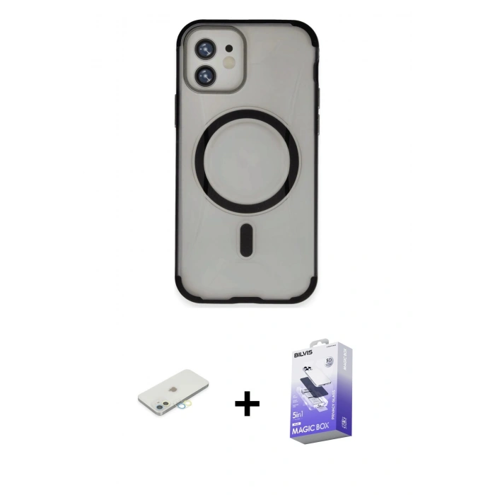 MARSİLYAN™- iPhone 11 Kılıf Eksen Klasik Koleksiyonu - Siyah Bilvis 5in1 5D Magic Hayalet Cam Ekran Koruyucu + Renkli Kamera Lens Koruma Cam - SI