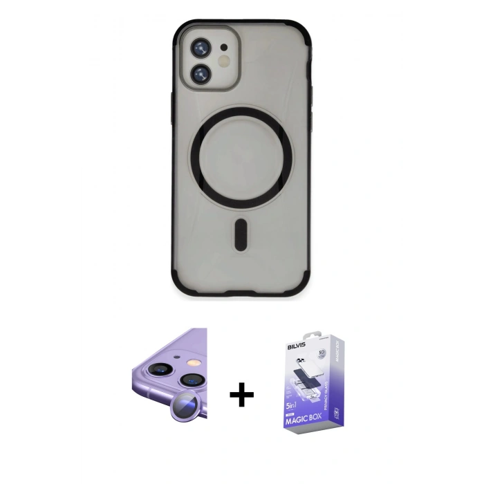 MARSİLYAN™- iPhone 11 Kılıf Eksen Klasik Koleksiyonu - Siyah Bilvis 5in1 5D Magic Hayalet Cam Ekran Koruyucu + Mor Raze Metal Kamera Lens