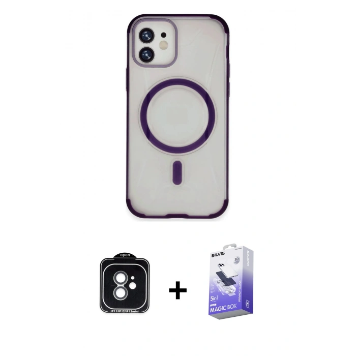 MARSİLYAN™- iPhone 11 Kılıf Eksen Klasik Koleksiyonu - Siyah Bilvis 5in1 5D Magic Hayalet Cam Ekran Koruyucu + PVD Metal Kamera Lens - YL