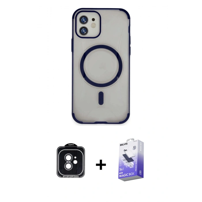 MARSİLYAN™- iPhone 11 Kılıf Eksen Klasik Koleksiyonu - Siyah Bilvis 5in1 5D Magic Hayalet Cam Ekran Koruyucu + PVD Metal Kamera Lens - SH