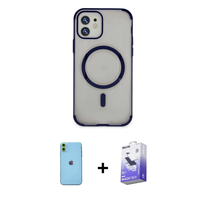 MARSİLYAN™- iPhone 11 Kılıf Eksen Klasik Koleksiyonu - Siyah Bilvis 5in1 5D Magic Hayalet Cam Ekran Koruyucu + Neon Fosforlu Kamera Lens - YL