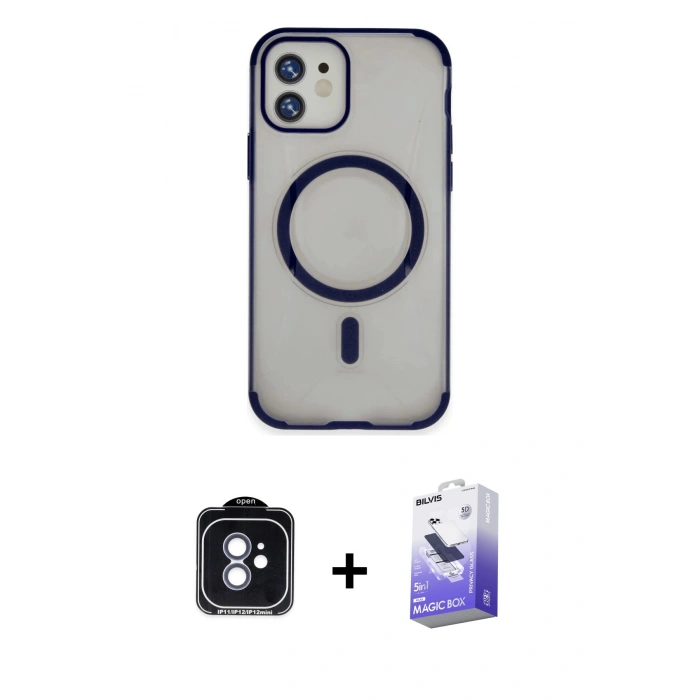MARSİLYAN™- iPhone 11 Kılıf Eksen Klasik Koleksiyonu - Siyah Bilvis 5in1 5D Magic Hayalet Cam Ekran Koruyucu + Mavi PVD Metal Kamera Lens