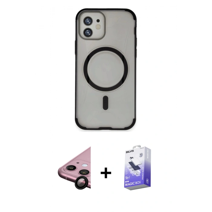 MARSİLYAN™- iPhone 11 Kılıf Eksen Klasik Koleksiyonu - Siyah Bilvis 5in1 5D Magic Hayalet Cam Ekran Koruyucu + Raze Metal Kamera Lens - SH