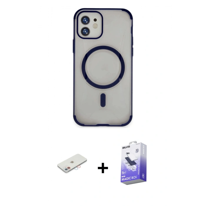 MARSİLYAN™- iPhone 11 Kılıf Eksen Klasik Koleksiyonu - Siyah Bilvis 5in1 5D Magic Hayalet Cam Ekran Koruyucu + Renkli Kamera Lens Koruma Cam - PE