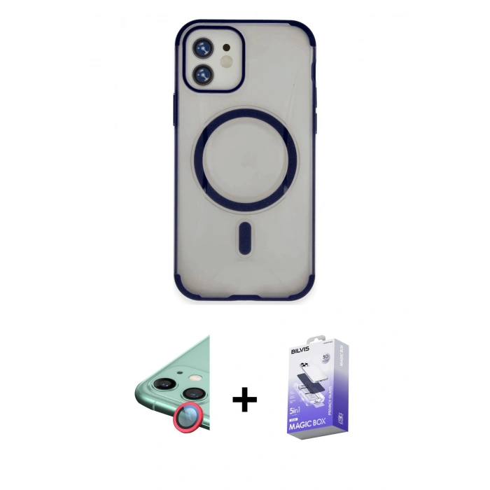 MARSİLYAN™- iPhone 11 Kılıf Eksen Klasik Koleksiyonu - Siyah Bilvis 5in1 5D Magic Hayalet Cam Ekran Koruyucu + Kırmızı Raze Metal Kamera Lens