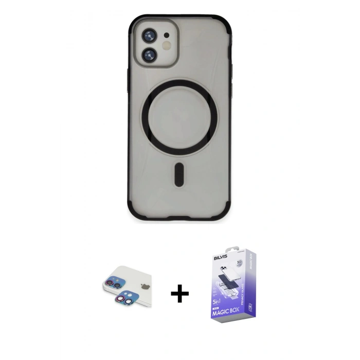 MARSİLYAN™- iPhone 11 Kılıf Eksen Klasik Koleksiyonu - Siyah Bilvis 5in1 5D Magic Hayalet Cam Ekran Koruyucu + Pers Alüminyum Kamera Lens - GI