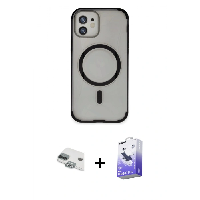 MARSİLYAN™- iPhone 11 Kılıf Eksen Klasik Koleksiyonu - Siyah Bilvis 5in1 5D Magic Hayalet Cam Ekran Koruyucu + Yeşil Pers Alüminyum Kamera Lens