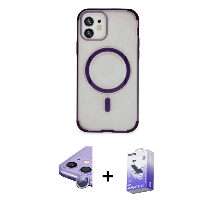 MARSİLYAN™- iPhone 11 Kılıf Eksen Klasik Koleksiyonu - Siyah Bilvis 5in1 5D Magic Hayalet Cam Ekran Koruyucu + Mor Raze Metal Kamera Lens