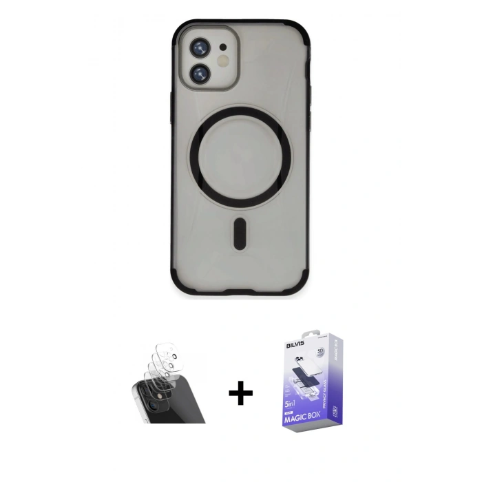 MARSİLYAN™- iPhone 11 Kılıf Eksen Klasik Koleksiyonu - Siyah Bilvis 5in1 5D Magic Hayalet Cam Ekran Koruyucu + Kamera Lens Koruma Cam - SF