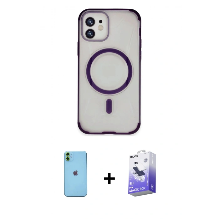 MARSİLYAN™- iPhone 11 Kılıf Eksen Klasik Koleksiyonu - Siyah Bilvis 5in1 5D Magic Hayalet Cam Ekran Koruyucu + Neon Fosforlu Kamera Lens - YL