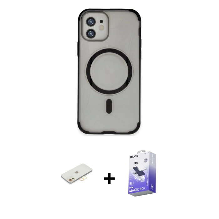 MARSİLYAN™- iPhone 11 Kılıf Eksen Klasik Koleksiyonu - Siyah Bilvis 5in1 5D Magic Hayalet Cam Ekran Koruyucu + Sarı Renkli Kamera Lens Koruma Cam