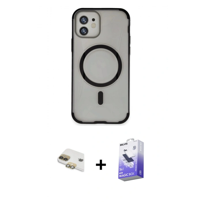 MARSİLYAN™- iPhone 11 Kılıf Eksen Klasik Koleksiyonu - Siyah Bilvis 5in1 5D Magic Hayalet Cam Ekran Koruyucu + Pers Alüminyum Kamera Lens - GD