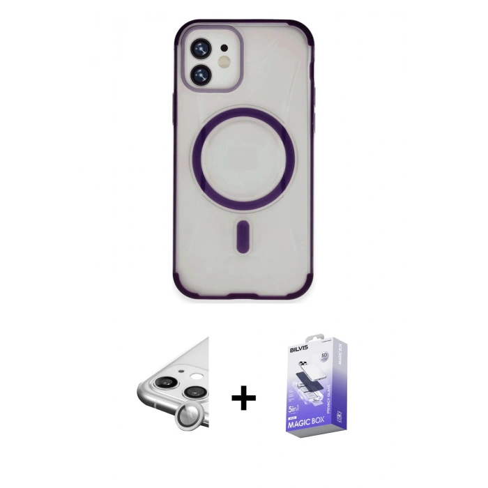 MARSİLYAN™- iPhone 11 Kılıf Eksen Klasik Koleksiyonu - Siyah Bilvis 5in1 5D Magic Hayalet Cam Ekran Koruyucu + Raze Metal Kamera Lens - GS