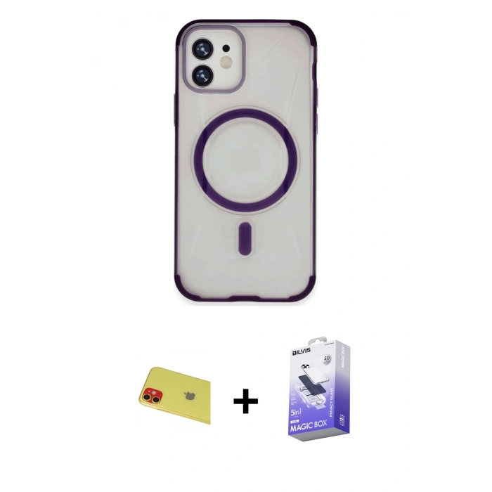 MARSİLYAN™- iPhone 11 Kılıf Eksen Klasik Koleksiyonu - Siyah Bilvis 5in1 5D Magic Hayalet Cam Ekran Koruyucu + Rainbow Kamera Lens Koruma Cam - KI