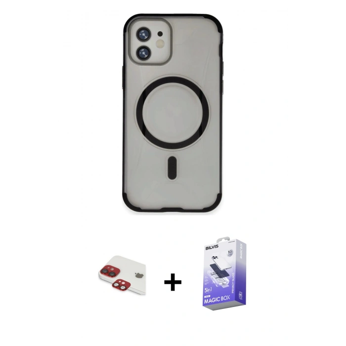 MARSİLYAN™- iPhone 11 Kılıf Eksen Klasik Koleksiyonu - Siyah Bilvis 5in1 5D Magic Hayalet Cam Ekran Koruyucu + Pers Alüminyum Kamera Lens - KI
