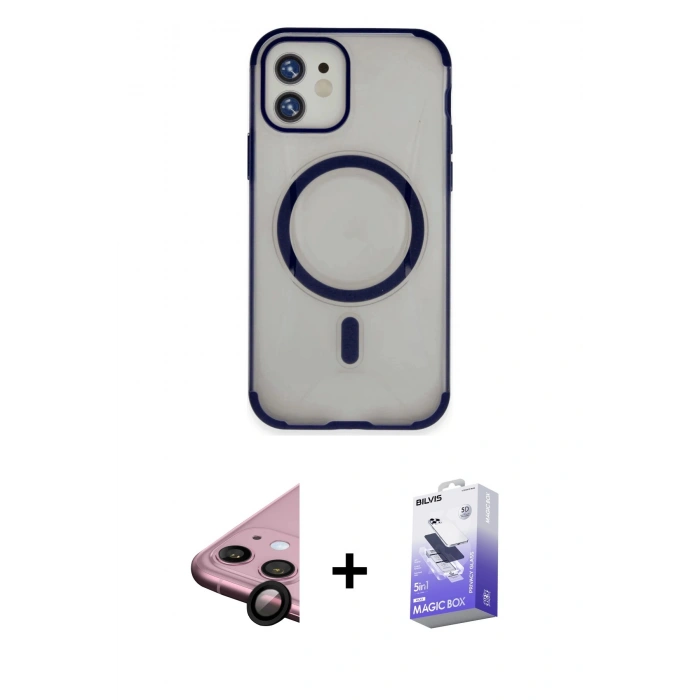 MARSİLYAN™- iPhone 11 Kılıf Eksen Klasik Koleksiyonu - Siyah Bilvis 5in1 5D Magic Hayalet Cam Ekran Koruyucu + Raze Metal Kamera Lens - SH