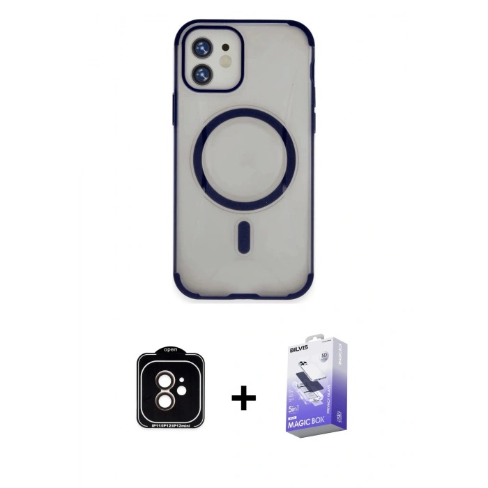 MARSİLYAN™- iPhone 11 Kılıf Eksen Klasik Koleksiyonu - Siyah Bilvis 5in1 5D Magic Hayalet Cam Ekran Koruyucu + Turuncu PVD Metal Kamera Lens