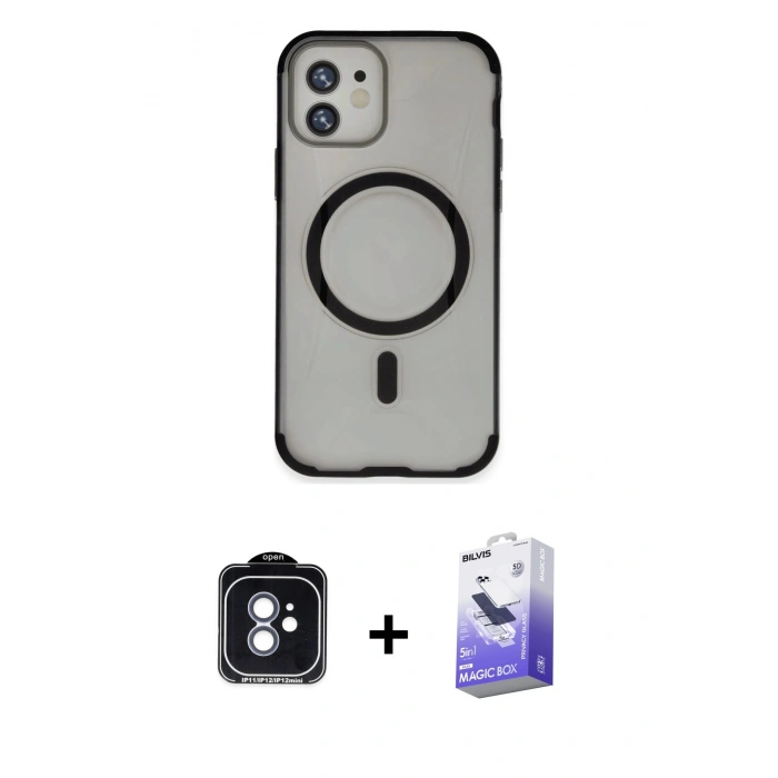 MARSİLYAN™- iPhone 11 Kılıf Eksen Klasik Koleksiyonu - Siyah Bilvis 5in1 5D Magic Hayalet Cam Ekran Koruyucu + Mavi PVD Metal Kamera Lens