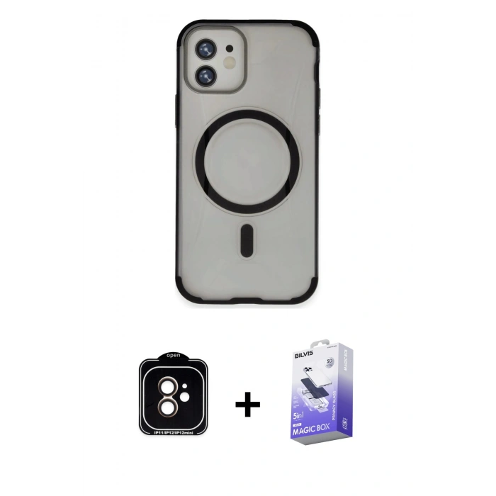 MARSİLYAN™- iPhone 11 Kılıf Eksen Klasik Koleksiyonu - Siyah Bilvis 5in1 5D Magic Hayalet Cam Ekran Koruyucu + Turuncu PVD Metal Kamera Lens