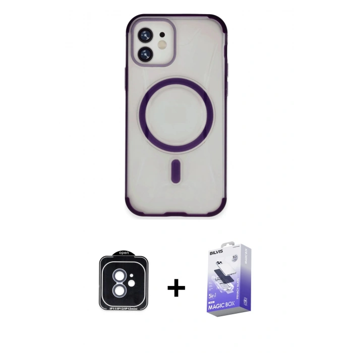 MARSİLYAN™- iPhone 11 Kılıf Eksen Klasik Koleksiyonu - Siyah Bilvis 5in1 5D Magic Hayalet Cam Ekran Koruyucu + Mavi PVD Metal Kamera Lens