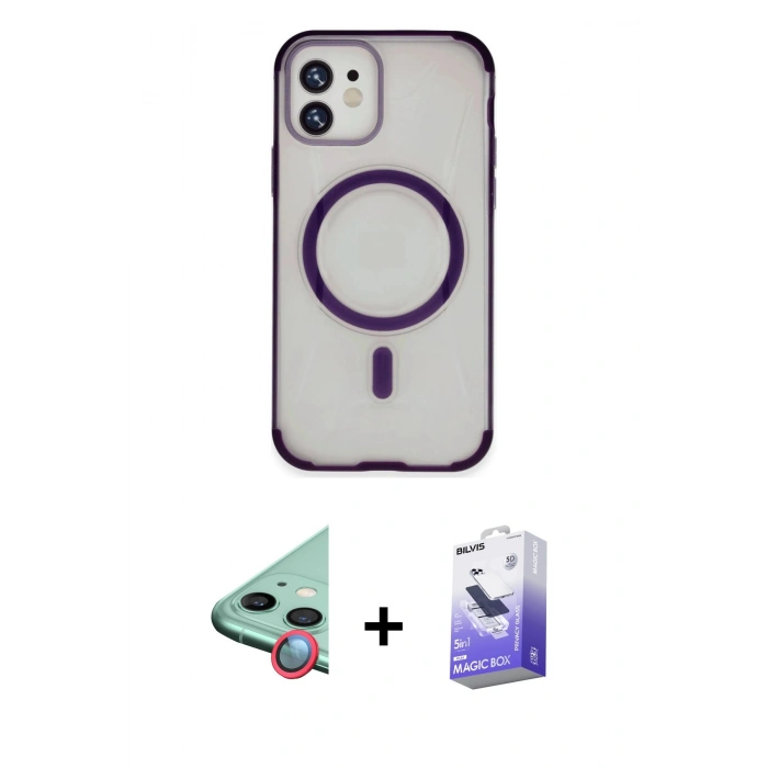 MARSİLYAN™- iPhone 11 Kılıf Eksen Klasik Koleksiyonu - Siyah Bilvis 5in1 5D Magic Hayalet Cam Ekran Koruyucu + Kırmızı Raze Metal Kamera Lens